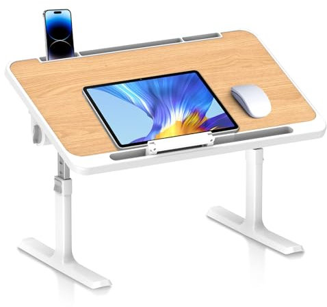 Laptoptisch höhenverstellbar & klappbar, Betttisch mit 5-facher Höhen und Winkelverstellung, 60x40cm Lapdesk & Notebook Tisch, Frühstückstablett für Sofa/Bett/Boden, Burlywood