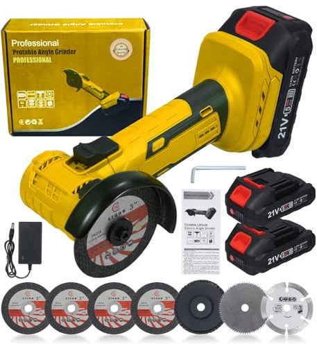 VISLONE Cordless Angle Grinder,Brushless Mini Angle Grinder Kits 19000RPM 2x2000mAh Battery with 7pcs Grinding Wheels for Interior Decoration, Wall Panel Slotting, Floor Cutting