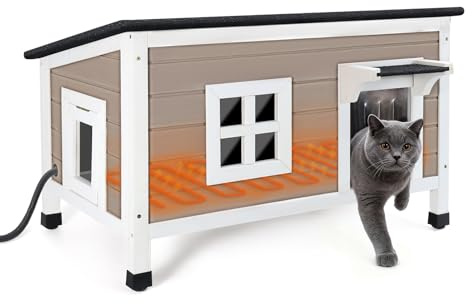 Extra Large Heated Cat House for Outside in Winter, Weatherproof Outdoor Cat House with 100% Insulated All-Round Foam, Heating Pad & Escape Door, Wooden Heated Feral Cat Shelter for Kitty Multi Cats