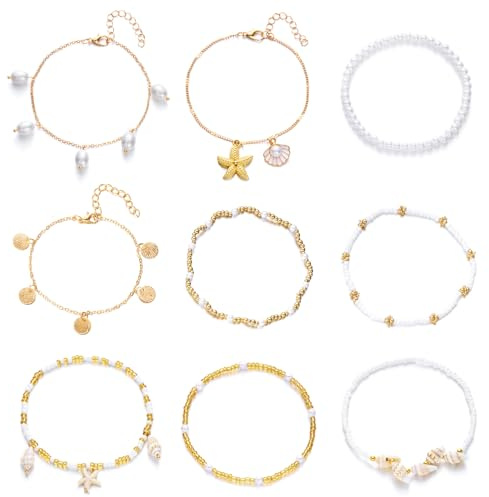 ZXTGBQ Fussketten für Frauen, 9 Stück Muschelkette damen Fußkettchen Set für Damen, Boho-Schmuck, Sommer Accessoires