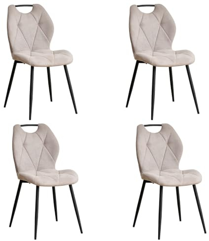 GrandCA HOME Uppsättning av 4 matstolar, köksstolar, stoppade och vardagsrumsstolar med tyg på ryggstödet och metallben med handtag för matsal, kök och vardagsrum (beige)