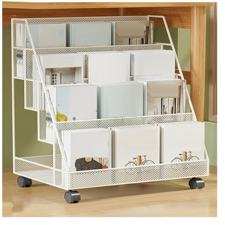 Tidningsställ, Tidningsställ I Järngolv, 3/4-lagers Arkivförvaring, Med 360-graders Universalhjul, For Vardagsrum, Kontor, Utställningscenter(White,40x28x55cm)