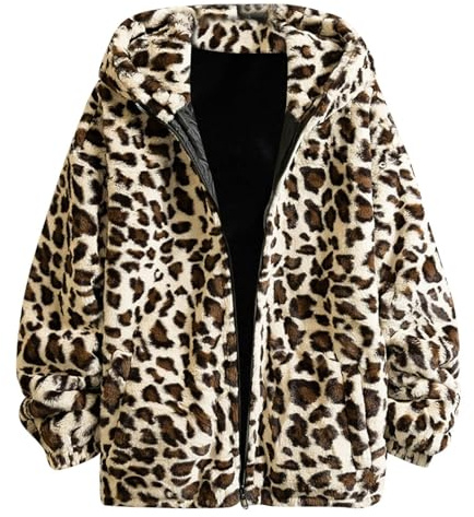 Manteau d'hiver pour femme - Motif léopard - Veste à capuche vintage côtelée - Veste à revers - Veste d'hiver chaude - Mode élégante - Veste de survêtement légère et décontractée, beige, M