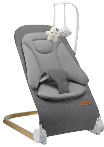 Tulano Moon 50 Babywippe – Babyschaukel mit Spielbogen Baby – 4 Positionen | Baby Wippe ab Geburt – natürliches Wippen – 3-Punkt-Gurt – UltraSoft-Matratze – Bezug waschbar – faltbar – Grau