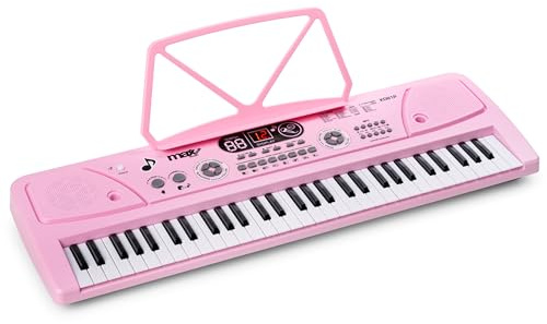 MAX KD61P - Tastiera per bambini con microfono e batteria fino a 8 pezzi, pianoforte a 61 tasti, porta spartiti e USB, funzione di registrazione, suoni, ritmi, mini pianoforte per bambini, colore
