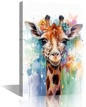 TISHIRON 1 Panel Giraffe Wall Art Painting on Canvas Colorful Bedroom Wall Art Modern Home Decor for Living Room Wildlife Bathroom Pictures Stretched on Wooden Frame, 18x12in