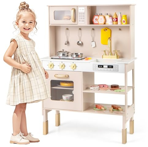 Maxmass Kids Play Kitchen, Height Adjustable Wooden Toy Kitchens with Lights & Sounds, Cuttable Toy Vegetables, Utensils, Toddler Cooking Toy Set Pretend Kitchens for 3+ Years Old Boys Girls