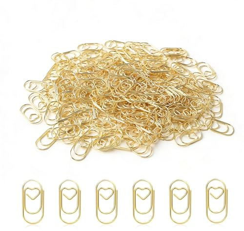 QINGYIWL 200 Stück Büroklammern Herz Gold, Klein Büroklammer Oval Motiv 1cm | für Büro, Klassenzimmer, Aktenklammer
