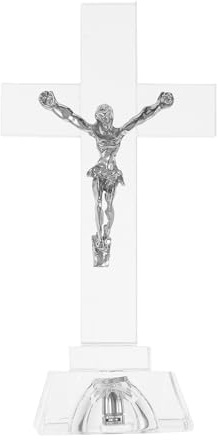Hemobllo Premium Kruzifix Standkreuz aus Kristallglas – Jesus Kreuz Statue mit Silberner Christusfigur – Edle Christliche Tischdeko & Religiöses Geschenk für Taufe, Hochzeit & Kommunion