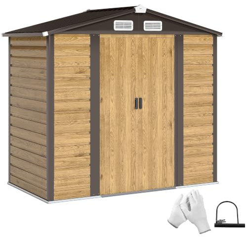 Outsunny Abri de Jardin en Métal 2,36 m² Montage Facile 213x120x194cm Chêne | Cabane de Jardin en Acier Galvanisé, Abri à Outils Extérieur, Kit de Fondation, Portes Doubles Verrouillables