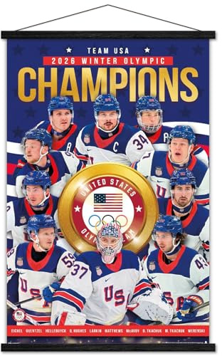 Team USA - Olympic Hockey Gold Medalists Milano Cortina 26 Wall Poster with Magnetic Frame, 34L x 22.4W, Print and Black Hanger Bundle