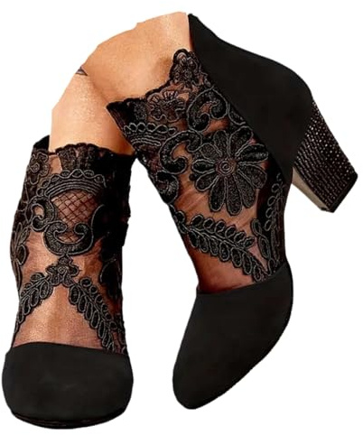 Générique Sandales Femme été Femmes Bottines Rétro Avec Talon Élégantes Épissage Fleurs Dentelle Courtes Escarpins Plateforme Éclair Bottes D'été à Talons Épais Soirée Parties Maille Respirant