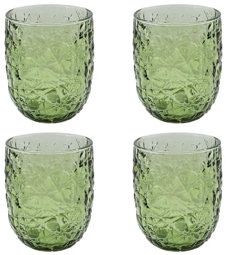Elvida Interiors Embossed Low-Ball Glass Tumbler, Green, Set of 4