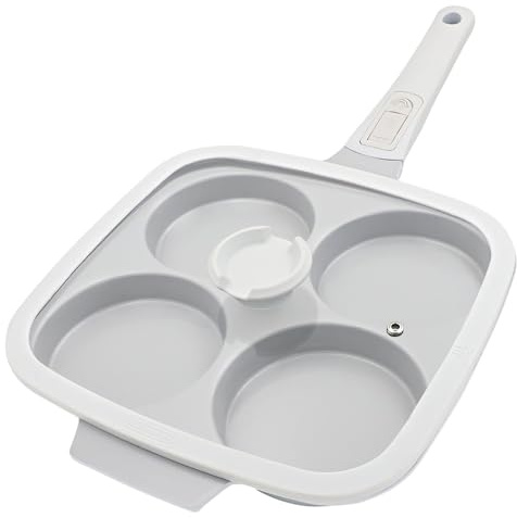 Padella Pancake Grande in Ceramica 26 x 24 cm con Coperchio, Bianco | Padella grande a 4 fori per uova, pancake e burger, con coperchio e rivestimento antiaderente.