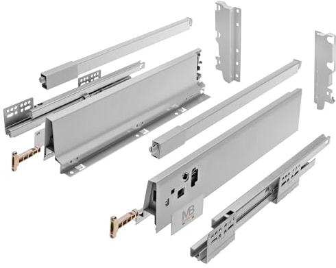 GTV Lådsystem Modernt Box Square, fullt utdrag med soft-stängning, 40 kg bärkraft, L 250 mm, H 210 mm, komplett set för höga lådor, grå