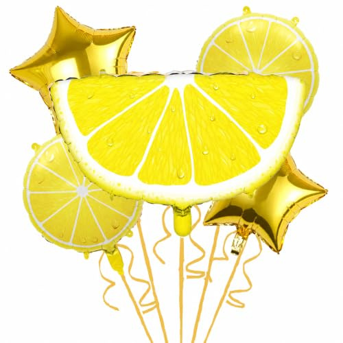ZingBox 5 Stk Sommer Deko Zitronen Luftballons Set, Hawaii Deko Zitrone Folienballons Geburtstag, Zitronen Helium Ballons Obst Hawaii Party Deko, Zitronen Deko Stern Luftballon für Sommer Beach Party