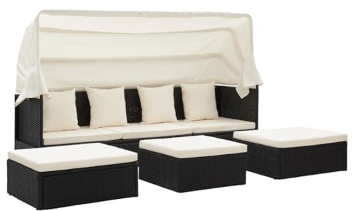 KFPOERTFGD Garten-Sonneninsel mit Dach, Tagesbett aus Poly Rattan für Terrasse und Garten, inkl. Klapptisch, Hocker und Polsterauflagen, Schwarz