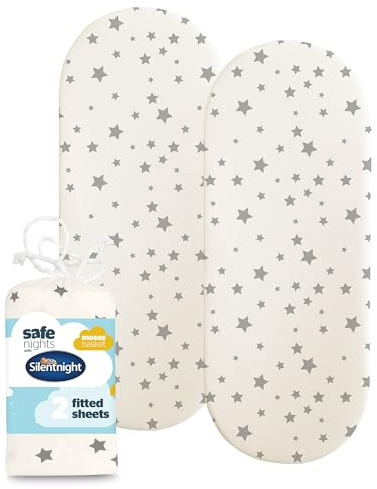 Silentnight Safe Nights Fitted Sheet - Moses Basket Mattress - Breathable 100% Cotton Jersey - Super Soft Kind to Baby Skin - 74x27cm - Secure Fit with Elasticated Corners - 2 Pack, Grey Stars