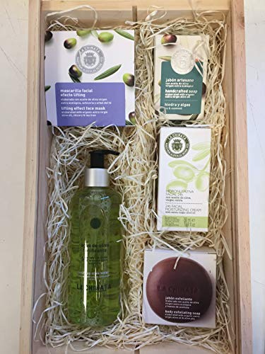 Kit Navideño para el Cuidado Personal con Crema Facial 50 ml, Jabón Reafirmante, Mascarilla Facial efecto lifting, Jabón natural Exfoliante 100 g y Agua de Oliva Tonificante 250 ml.Estuche de Madera
