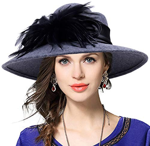 VECRY Damen Breite Krempe Panama Hüte Fascinator Wolle Fedora Fühlte Formal Party Mützen (Feder Grau)