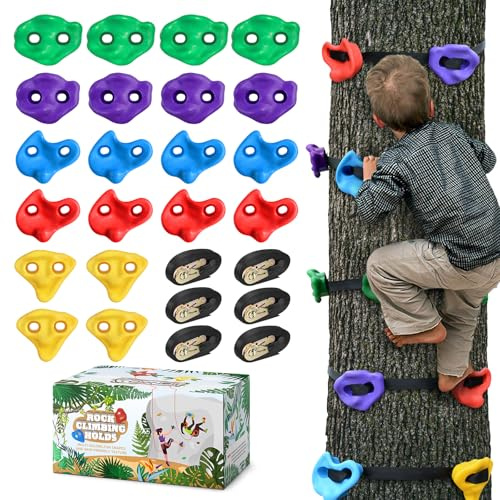 TOPNEW 20 Ninja Tree Climbing Holds for Kids Climber, Adult Climbing Rocks with 6 Ratchet Straps for Outdoor Ninja Warrior Obstacle Course Training