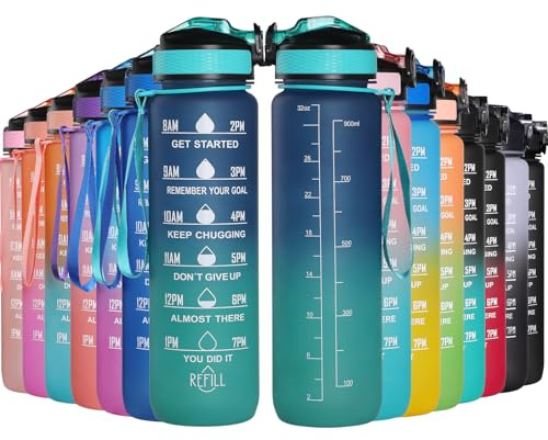 GeeRic Botella de Agua 1L, Botella Agua Gimnasio con Pajita Portátil con Escala/Indicador de Tiempo Botella de Bicicleta para Gimnasio, Escuela,Deportes,Ciclismo (Azul Degradado)
