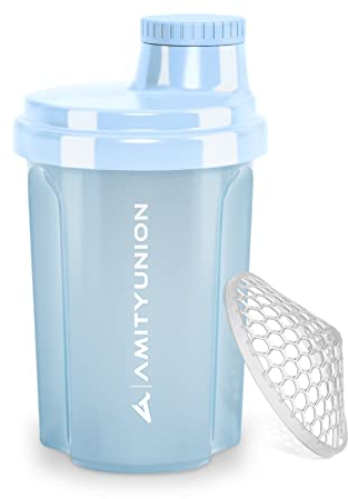 AMITYUNION Shaker per proteine 300 ml Heaven a prova di perdite, senza BPA con setaccio cliccabile e scala per frullati cremosi di siero di latte, shaker per proteine, originale in Cielo blu