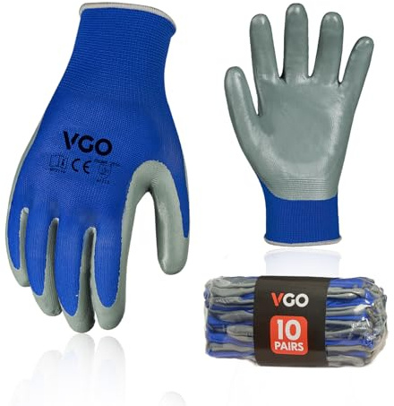 Vgo... 10Pares Guantes Trabajo, Guantes de Jardín Revestidos de Naylon PU Nitrilo Poliuretano Antideslizante para Mujeres y Hombres, Guantes Protección Mecánica e Industrial(S)