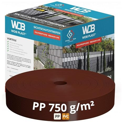 WDB - Sichtschutzstreifen für Doppelstabmatten Sichtschutz Zaun | Hart PP Windschutz Premium Line - 4,75 cm x 50 m - 750 g/m2 - Braun - RAL 8011