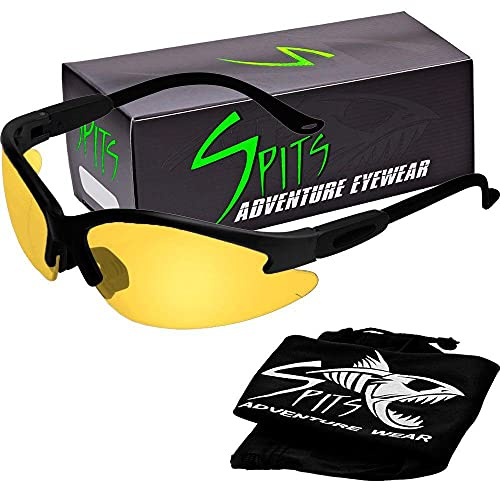 Spits Eyewear Cougar Safety Glasses, 22 limited Edition Frame Colors (Frame Color: Matte Black, Lens Color: Yellow)