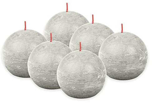 Bolsius Rustik - Candela sferica, colore grigio chiaro, set da 6 pezzi, candela decorativa, lunghezza 25 ore, non profumata, cera vegetale naturale, senza olio di palma, Ø 7,6 cm
