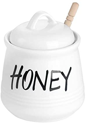 HAOTOP Porcelain Small Honey Jar with Lid and Honey Dipper 12oz (White)