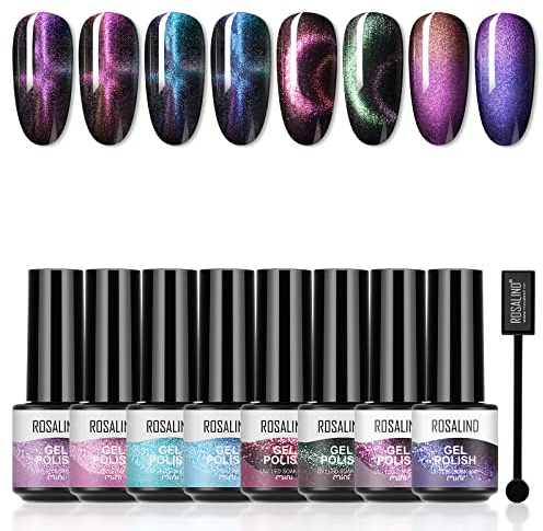 ROSALIND UV Nagellack Magnetisch Set, 8 Farben Cat Eye Gel Katzenauge mit Magnet, Soak Off Gel Nail Polish Cateye für Nail Art Maniküre Mini