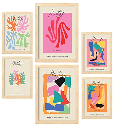 Nacnic Set de 6 Posters Matisse. Colección de láminas con estética Collage para la decoración de Interiores. Tamaños A3 y A4. con Marco de Madera.
