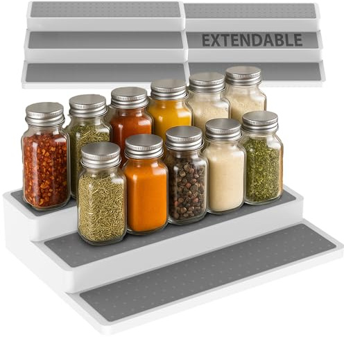 ZENO Spice Rack Organiser | 3 Tier Shelf Organiser for Kitchen Cupboard | Expandable Spice Shelf | Organise Seasoning | Spices & Jars Non Slip
