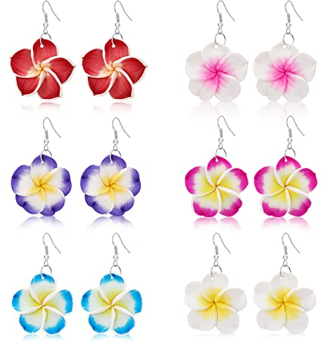 PHOGARY Blumen Ohrringe Set - Plumeria Bunt, Hawaii Schmuck, BFF Geschenke für Damen, Clay Ohrring für Hawaiian Urlaub, Strand, Hochzeit - Hängend Hibiskusblüten Deko