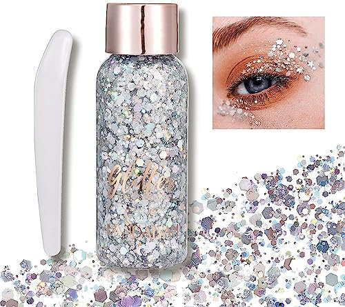 Körperglitter Gel, Holografisches Glitzer für Gesicht und Körper, Glitzer Make-up für Augen, Haare, DIY Kunst, Festival-Glitter, langanhaltendes Glitzer-Gel, Festival Zubehör, 32 ml?Silber?