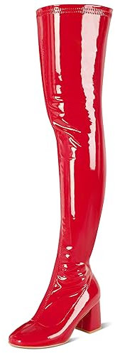 syztsho Oberschenkelhohe Stiefel für Damen, Lackleder, PU, klobiger Absatz, Overknee-Stiefel, sexy quadratische Zehenpartie, seitlicher Reißverschluss, Gogo-Stiefel, Rot/Ausflug, einfarbig (Getaway