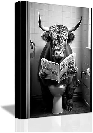 LZIMU Lustige Badezimmer Wanddekoration Highland Kuh die auf der Toilette sitzt und Zeitung liest Leinwand Kunstdrucke Schwarz Weiß Tiere Poster (E, 40.00 x 60.00 cms)
