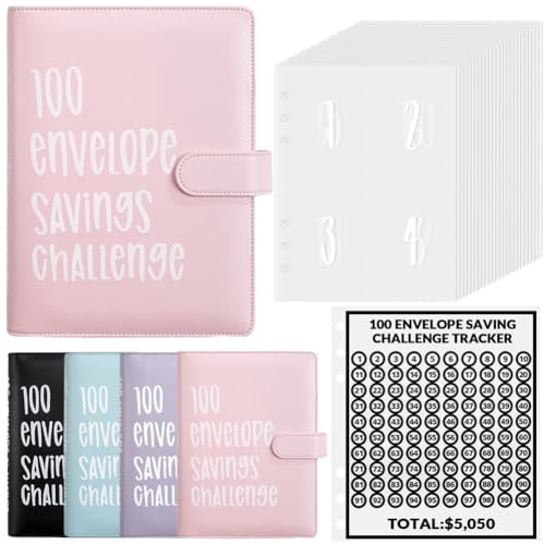 Luweoxy 100 Envelope Challenge Binder Money Saving Binder, Easy and Fun Way to Save $5,050, Cash Stuffing Budget Planner Savings Challenge Book (Pink)