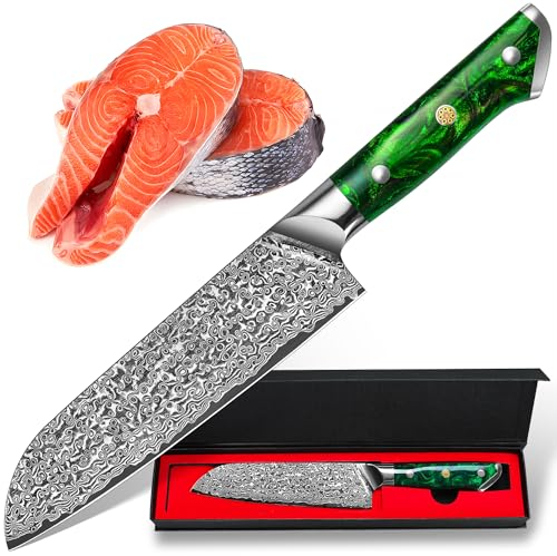 H.maker Premium Santoku Damastmesser - Damaststahl 17.8 cm Kochmesser - 67 Schichten Damast Küchenmesser Scharfes Sushimesser mit Grün Ergonomischer Griff
