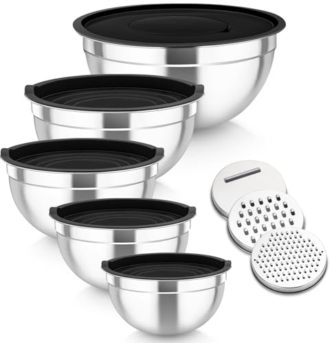 Homikit Mixing Bowls Set of 5, Stainless Steel Salad Baking Bowls, Black | Metal Nesting Bowls with Airtight Lids & 3 Graters, for Serving/Prepping/Food Storage, Easy Clean, 0.7/1/1.5/2.6/4.6L