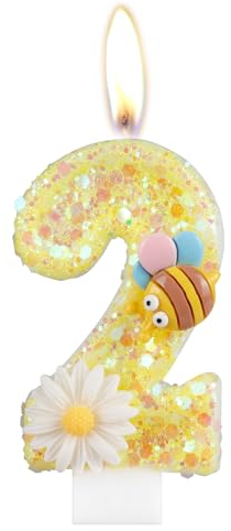 Vela de Cumpleaños Número 5 con Abeja y Purpurina Amarilla para Decoración de Pastel, Flores para Niñas