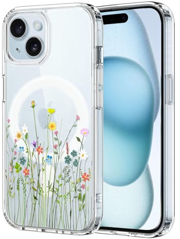 Unov Hülle Kompatibel mit iPhone 14 iPhone 13 Hülle klar Transparent Kompatibel mit Magsafe Geprägtes das Muster Stoßfängerschutz Stoßfest rutschfest Schlanke Schutzhülle (Blumen Blumenstrauß)