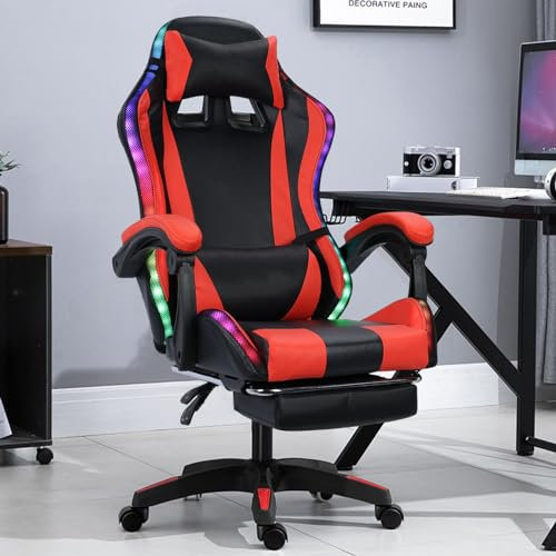 Yoakaiax Gaming Chair, High Back Computer Chair with Bluetooth Speakers and RGB LED Lights, Ergonomic Massage Chair, Lumbar Support, Black & Red