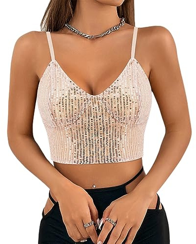 Elenint Damen V-Ausschnitt Glitzer Pailletten Crop Tanktops Slim Fit Tube Top Bralettles Festival Outfits Rave Träger Camis Blusen