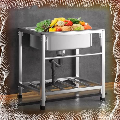 QSPNVFB Lavandino Mobile Indipendente, Lavello da Cucina in Acciaio Inox, Lavelli Commerciale Autoportante 48cm 68cm Piccolo Lavabo da Giardino Esterno(Without Faucet,68x44cm(27x17in))
