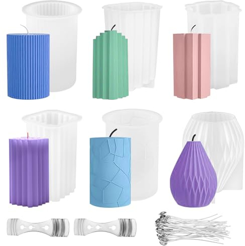 6 Pièces Moule Bougie 3D Silicone Avec Mèches, pour Fabrication de Bougies et Savon Parfumé, DIY Décoration