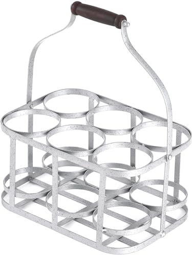 Metal Wine Bottle Carrier 6 Bottle Wine Carrier with Wood Handle Farmhouse Metal Wine Rack Basket Caddy Decorative Wine Display Stand for Wedding Bar BBQ Picnic Red White Wine Milk Storage (Silver)