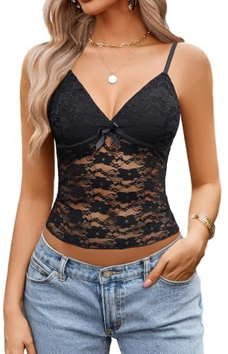 Weardear Damen Spitze Tank Top Sommer Ärmellose Camisole Sexy Crop Spaghetti Tops Lässiges Spitzentop V-Ausschnitt Basic Y2K Vest Oberteile Schwarz XL